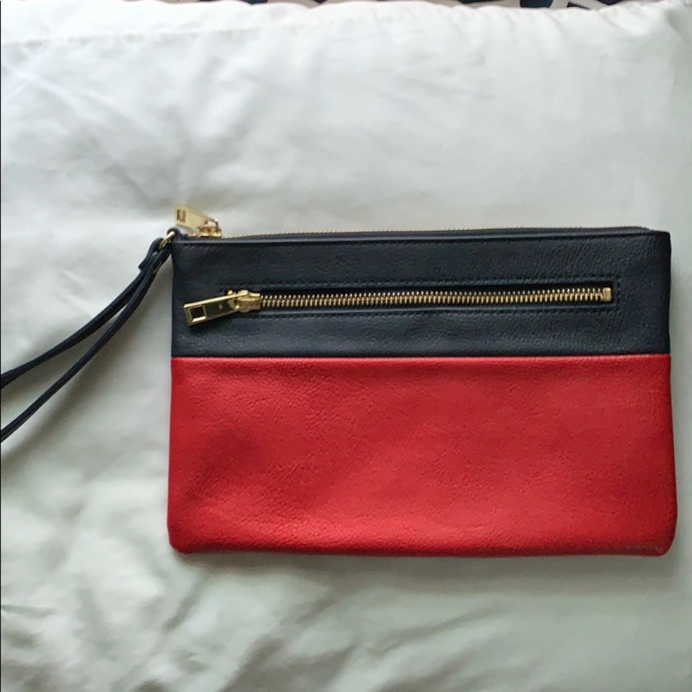Red and navy blue clutch with wrist strap